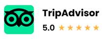 TripAdvisor Logo mit 5-Sterne-Bewertung, perfekt für Reisebewertungen und Empfehlungen.
