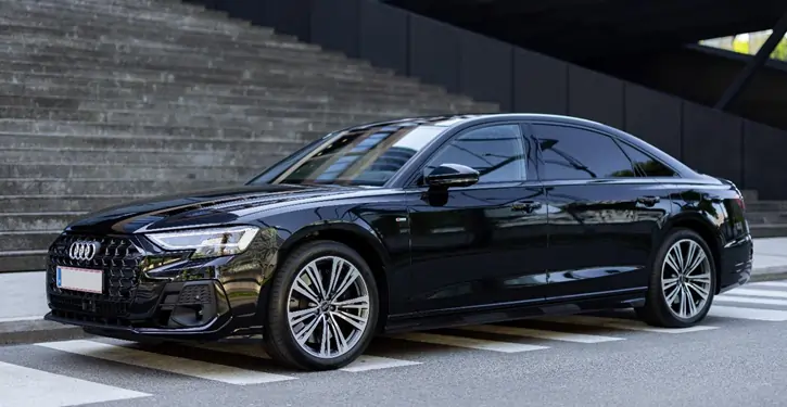 Stilvolle Audi A8 Long Frontansicht in Schwarz, geparkt vor einer modernen Treppe mit urbanem Hintergrund.