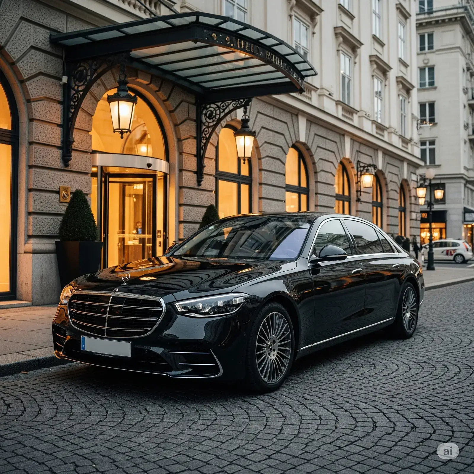 Eine elegante Mercedes S Klasse parkt vor einem luxuriösen Hotel mit historischem Design, beleuchtet bei Nacht.