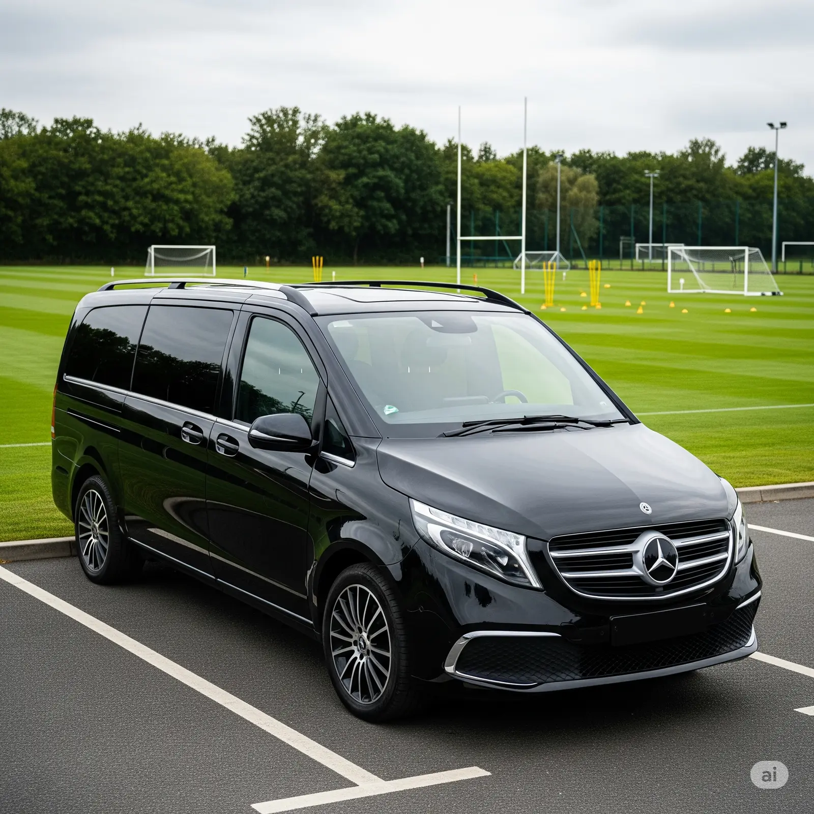 Eine schwarze V Klasse Transport Sportvereine parkt vor einem grünen Sportfeld, ideal für den Transport von Sportteams.