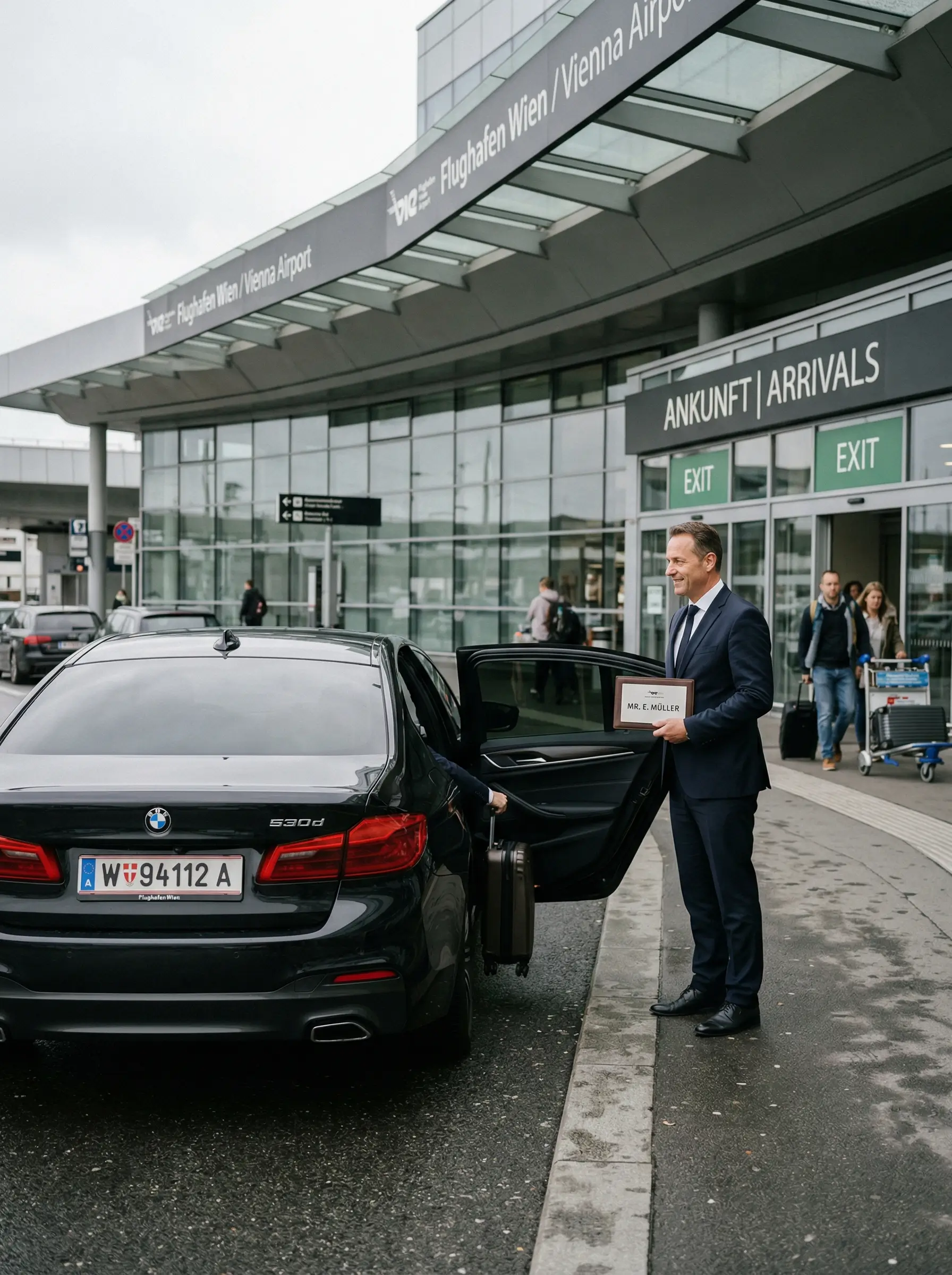 Chauffeur übernimmt Gepäck beim Airport Transfer Wien vor dem Flughafenterminal